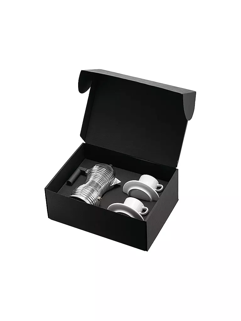 ALESSI | Espressomaschine - Set mit Tassen 3-tlg Alu / Porzellan | silber