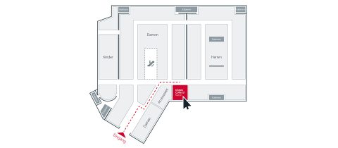 Ein Grundriss eines Geschäfts mit den Abteilungen Kinder, Damen, Herren und Zubehör. Der Grundriss umfasst markierte Bereiche für die Kassen und einen Eingang. Ein hervorgehobener Weg führt zu „Gilda's Gallery News“.