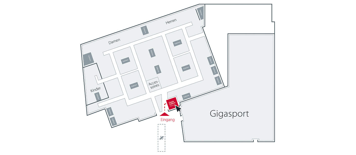 Grundriss eines Ladens oder Gebäudes mit der Aufschrift „Gigasport“ mit den Abteilungen Damen, Herren und Kinder. Unten in der Mitte ist ein Eingang markiert, und in der Nähe des Eingangs befindet sich ein Archer Store.