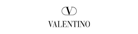 Schwarzer Text auf weißem Hintergrund, der das Valentino-Logo zeigt, mit einem stilisierten Buchstaben „V“ über dem Wort „VALENTINO“ in Großbuchstaben.