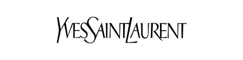 Schwarzes Textlogo von „Yves Saint Laurent“ in einer markanten, stilisierten Schriftart auf weißem Hintergrund.