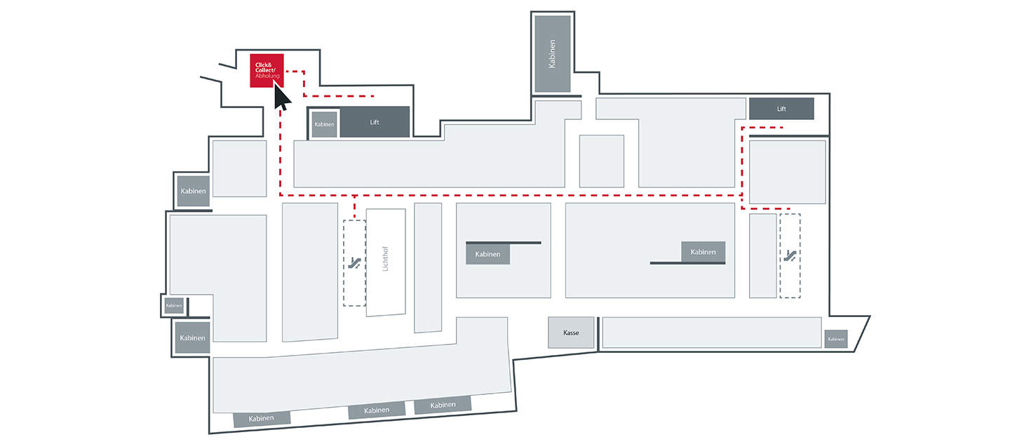 Kartenlayout mit einer mit einer roten gepunkteten Linie markierten Route, die zum „Kinderfreundlichen Raum“ führt. Der Weg führt durch Korridore und Kurven mit beschrifteten Räumen und Bereichen.