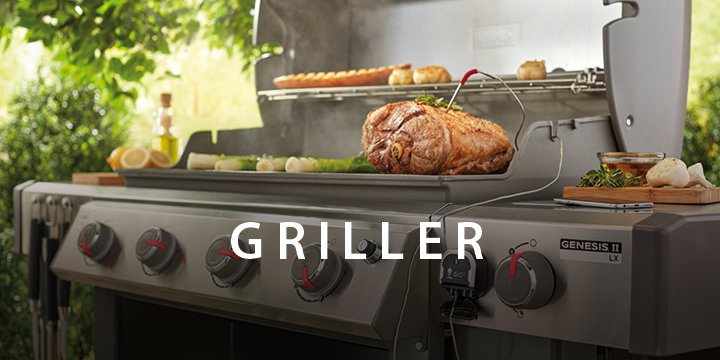 Auf einem großen Außengrill mit Drehspieß ist ein Braten mit Fleischthermometer zu sehen. Im Vordergrund sind die Bedienknöpfe des Grills zu sehen, umgeben von frischen Kräutern, Knoblauch und Zitronen. Das Wort „GRILLER“ überlagert das Bild.