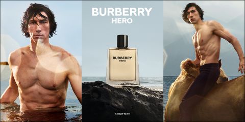 Eine Triptychon-Werbung für Burberry Hero zeigt einen Mann ohne Hemd im Meer, die Parfümflasche auf einem Felsen in der Mitte und denselben Mann auf einem Pferd am Strand reitend. Er blickt in die Ferne und vermittelt ein Gefühl von Abenteuer und Stärke.