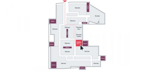 Ein Ladenplan mit den Abteilungen Damen, Herren, Kinder, Taschen & Accessoires und Sonnenbrillen. Notausgänge und Treppenaufgänge sind markiert. Ein roter Weg führt zum „Click & Collect“-Schalter.