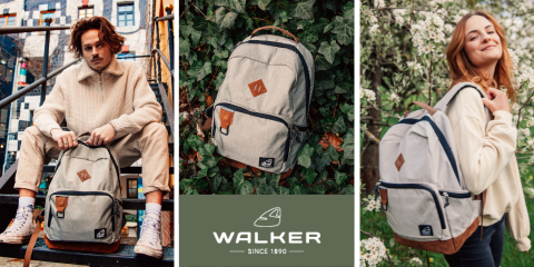 Drei Bilder mit einem beigen Rucksack mit braunen Akzenten: Eine Person sitzt mit dem Rucksack auf einer Treppe, der Rucksack ruht auf Efeublättern und eine andere Person steht in einem Garten und hält ihn. Darunter sind ein Logo und „Walker Since 1890“ zu sehen.