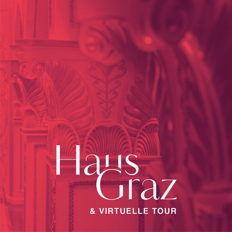 Abstraktes Bild mit einer roten Überlagerung, das kunstvolle architektonische Details klassischer Säulen zeigt. Unten steht in weißen Buchstaben „Haus Graz & Virtuelle Tour“.