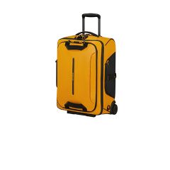 Gelber Rollkoffer mit schwarzen Griffen und Akzenten, aufrecht stehend auf zwei Rädern mit einem verlängerten Teleskopgriff.
