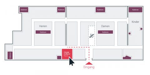 Ein Grundriss zeigt die Bereiche „Herren“, „Damen“ und „Kinder“, jeweils mit „Kabinen“. Vom „Eingang“ führt ein Weg zu „Click & Collect/Kasse“. In „Damen“ ist eine Rolltreppe abgebildet.