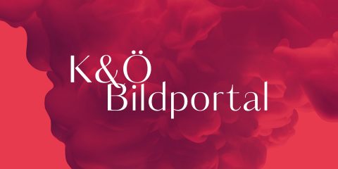 Text „K&Ö Bildportal“ zentriert auf rotem Hintergrund mit wirbelnden rauchähnlichen Mustern.