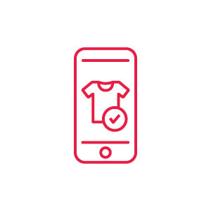 Der rote Umriss eines Smartphones zeigt ein T-Shirt-Symbol mit einem Häkchen.