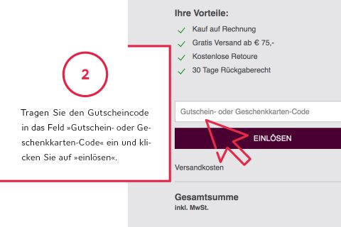 Ein Screenshot einer Online-Checkout-Seite, auf der ein hervorgehobener Abschnitt zur Eingabe eines „Gutschein- oder Geschenkkarten-Codes“ mit einem roten Pfeil auf die Schaltfläche „EINLÖSEN“ angezeigt wird. Es werden Anweisungen zur Anwendung des Codes bereitgestellt.