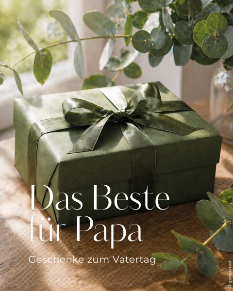 Ein grüner Geschenkkarton mit einer Schleife liegt auf einem Holztisch, umgeben von Grünzeug. Der Text lautet: "Das Beste für Papa. Geschenke zum Vatertag.