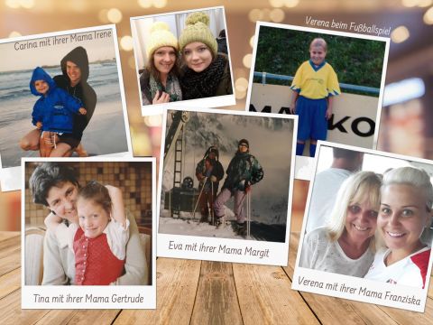 Eine Collage aus fünf Fotos, die Mütter mit ihren Töchtern zeigen. Jedes Bild zeigt unterschiedliche Personen in unterschiedlichen Situationen, beispielsweise im Freien und zu Hause. Die Textunterschriften enthalten Namen wie Carina, Verena, Tina und Eva mit ihren jeweiligen Müttern.