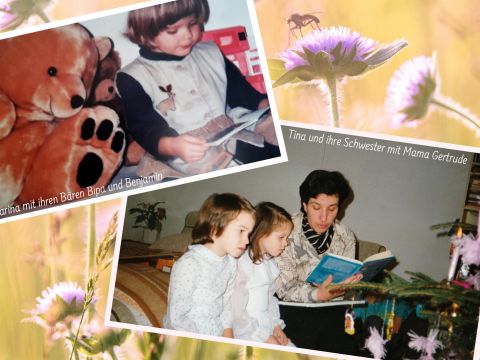 Collage aus zwei Fotos: Oben ist ein lesendes Kind neben einem Teddybär zu sehen. Unten ist eine Frau zu sehen, die zwei Kindern neben einem geschmückten Baum vorliest. Beide Fotos sind auf einem Wiesenhintergrund mit lila Blumen und einer Biene überlagert. Textunterschriften enthalten.