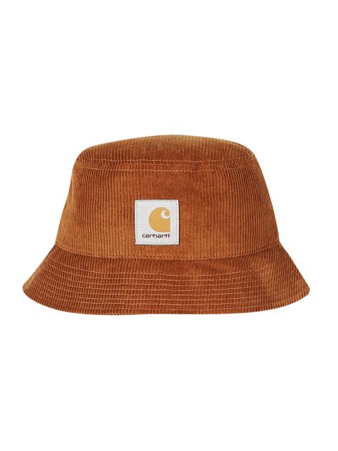 Brauner Cord-Bucket-Hat mit einem Carhartt-Logo-Patch auf der Vorderseite.