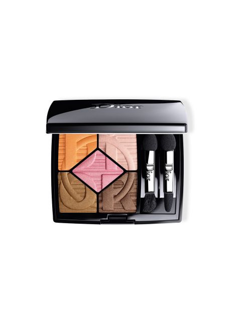 Eine Make-up-Palette mit fünf strukturierten Lidschattentönen: Orange, Hellrosa, Pink, Braun und Beige, in einem schwarzen Kompaktetui mit zwei kleinen Applikatorpinseln.