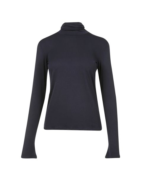 Ein langärmeliges schwarzes Rollkragenshirt auf schlichtem weißem Hintergrund. Der Stoff wirkt glatt und leicht dehnbar, mit tailliertem Schnitt.