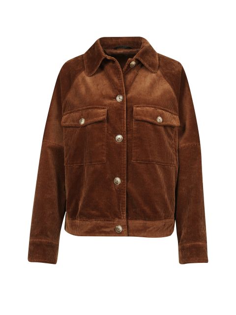 Eine braune Cordjacke mit klassischem Kragen und langen Ärmeln. Sie verfügt über zwei Brusttaschen mit Klappen und Knopfverschluss auf der Vorderseite.