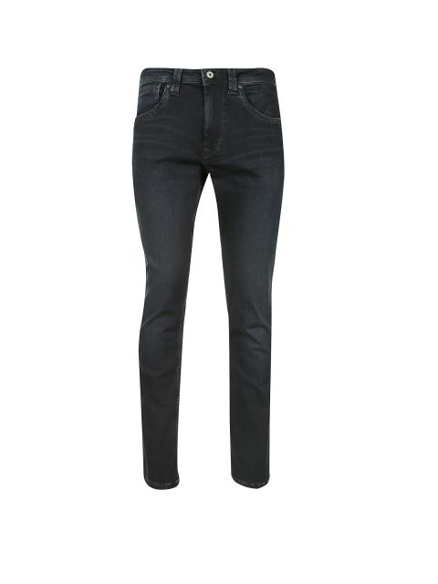 Eine schwarze Jeans mit klassischem Five-Pocket-Design und Knopfverschluss, abgebildet vor einem schlichten weißen Hintergrund. Die Jeans hat einen Slim Fit-Schnitt.