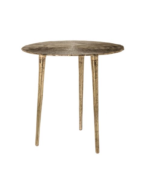 Ein runder, rustikaler Bronzetisch mit strukturierter Tischplatte und drei schlanken Beinen vor einem schlichten weißen Hintergrund.