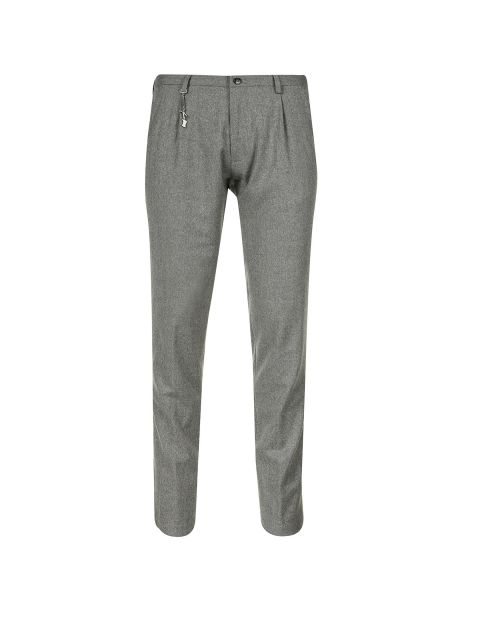 Graue Anzughosen für Herren werden vor einem weißen Hintergrund gezeigt. Die Hose verfügt über einen Knopfverschluss, einen Reißverschluss und Gürtelschlaufen und zeigt einen klassischen und formellen Stil.