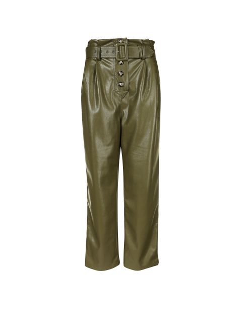 Olivgrüne Lederhose mit hoher Taille im Paperbag-Stil mit Knopfverschluss und passendem Gürtel. Das Design mit Falten und verkürzten Beinen sorgt für einen stilvollen und modernen Look.