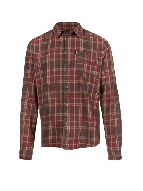 Ein langärmeliges Flanellhemd mit Knopfleiste und klassischem rot-grün-braunem Karomuster. Es verfügt über eine Tasche auf der linken Brust und hat einen lässigen, bequemen Look.