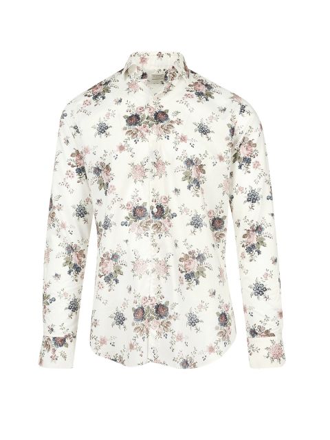 Ein weißes langärmeliges Hemd zum Zuknöpfen mit einem Blumenmuster mit rosa und blauen Blumen.