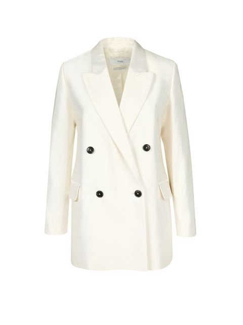 Ein weißer Zweireiher-Blazer mit schwarzen Knöpfen und zwei Vordertaschen. Der Blazer hat einen klassischen Reverskragen und eine gerade Passform. Er ist auf einem schlichten weißen Hintergrund zu sehen.