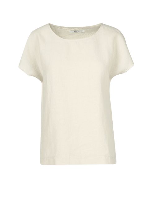 Ein schlichtes, kurzärmeliges beiges T-Shirt auf weißem Hintergrund. Das Shirt hat einen runden Ausschnitt und eine lockere Passform mit einfachem, minimalistischem Design.