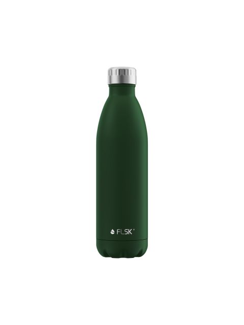 Eine dunkelgrüne FLSK-Wasserflasche mit silbernem Deckel vor einem schlichten weißen Hintergrund.