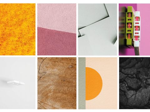 Eine Collage aus abstrakten Texturen und Kompositionen: leuchtend orangefarbene Fasern, geometrische Schichten in Rosa und Beige, überlappende weiße Paneele, bunte Kassetten, ein kleines weißes Regal an einer Wand, Holzmaserung, ein orangefarbener Kreis auf Beige und eine rissige schwarze Oberfläche.