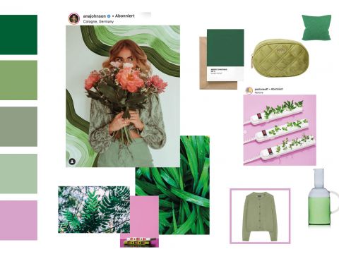 Eine Collage mit einer Person, die einen Blumenstrauß hält, umgeben von grünen und rosa Gegenständen. Enthält Stoffmuster, eine gesteppte Tasche, ein grünes Oberteil, Pflanzenbilder und eine grüne Flasche. Die dominierenden Farben sind Grün und Rosa.