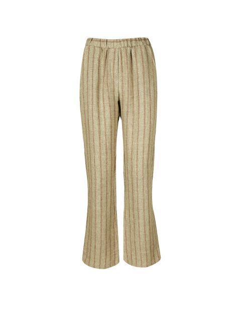Eine beige Hose mit vertikalen braunen Streifen. Die Hose hat einen elastischen Bund und eine gerade Passform. Sie ist auf einem schlichten weißen Hintergrund abgebildet.
