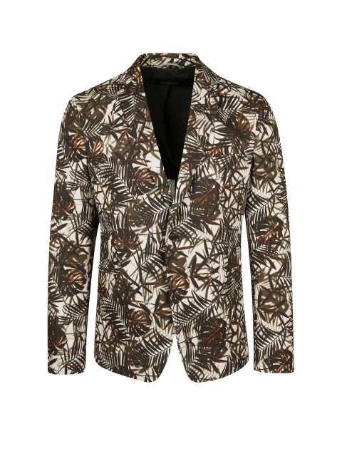 Eine Jacke mit einem kräftigen, abstrakten Muster aus schwarzen und braunen blattähnlichen Formen auf hellem Hintergrund. Die Jacke ist vor einem schlichten weißen Hintergrund zu sehen und zeigt eine Vorderansicht mit langen Ärmeln und offener Vorderseite.