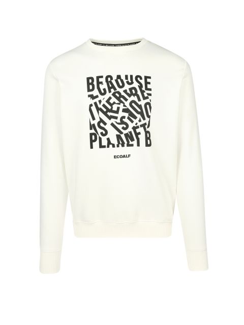 Weißes Sweatshirt mit schwarzem abstraktem Textdesign auf der Vorderseite, mit durcheinandergewürfelten Buchstaben. Unter dem Design ist das Wort „ECOALF“ in Schwarz aufgedruckt.