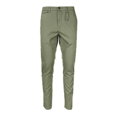 Olivgrüne Hose im Slim Fit-Design mit Knopf- und Reißverschluss. Sie hat Gürtelschlaufen und an einer der Schlaufen ist ein kleines Etikett befestigt. Die Hose ist auf einem schlichten weißen Hintergrund abgebildet.