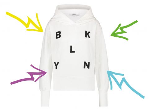 Ein weißer Kapuzenpullover mit den Buchstaben „B“, „K“, „L“, „N“ und „Y“ in Schwarz, unregelmäßig auf der Vorderseite angeordnet. Bunte Pfeile zeigen auf verschiedene Teile des Kapuzenpullovers vor einem einfarbigen Hintergrund.