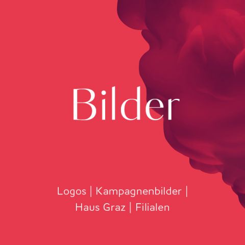 Roter Hintergrund mit dem Wort „Bilder“ in weißer Schrift. Darunter steht in kleinerer weißer Schrift: „Logos | Kampagnenbilder | Haus Graz | Filialen“. Auf der rechten Seite sind abstrakte rote Formen zu sehen.