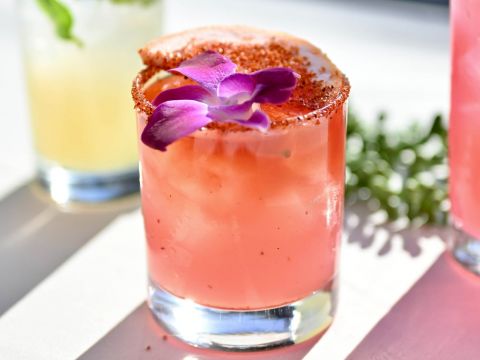 Ein leuchtend rosa Cocktail, garniert mit einer lila Blume und einem mit Gewürzen umrandeten Glas, steht auf einer sonnenbeschienenen Oberfläche. Ein unscharfer Hintergrund zeigt ein weiteres Getränk und grünes Laub.
