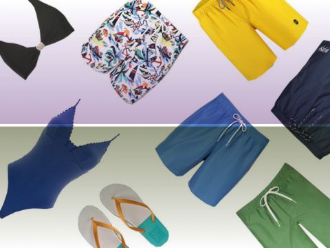Verschiedene Badeanzüge: ein schwarzes Bikinioberteil, bunt gemusterte Badeshorts, gelbe Shorts, dunkelblaue Shorts, ein blauer Badeanzug, blaue Badehosen, grüne Badehosen und ein Paar gelb-blaue Flip-Flops auf einem Hintergrund mit Farbverlauf.
