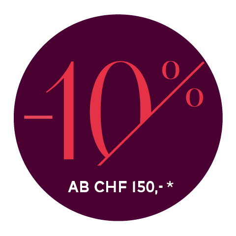 Ein dunkelvioletter Kreis mit dem Text „-10%“ in großer roter Schrift. Darunter steht in kleinerer weißer Schrift „AB CHF 150,-*“.