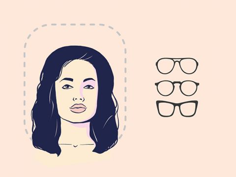 Abbildung einer Frau mit dunklem Haar neben drei verschiedenen Brillenarten: Pilotenbrille, rund und eckig. Die Brille ist in Schwarz auf hellbeigem Hintergrund dargestellt.