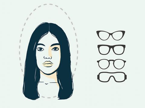 Abbildung einer Frau mit langen, dunklen Haaren neben vier verschiedenen Brillenarten: Cateye, rund, quadratisch und sportlich. Jede Brille ist als Silhouette auf hellem Hintergrund dargestellt.