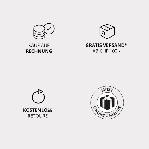 Minimalistische Icons mit deutschem Text: „Kauf auf Rechnung“, „Gratis Versand* ab CHF 100,-“ (kostenloser Versand ab CHF 100), „Kostenlose Retoure“, „Swiss Online Garantie“ ( Schweizer Online-Garantie).
