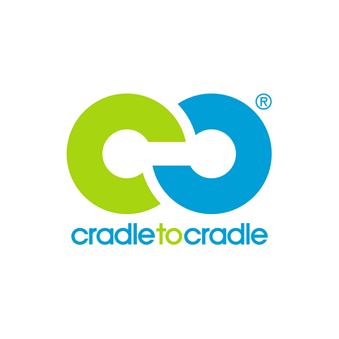 Logo von Cradle to Cradle mit zwei ineinandergreifenden kreisförmigen Pfeilen. Ein Pfeil ist grün und der andere blau und symbolisiert Nachhaltigkeit und Kreislaufwirtschaft. Darunter steht in passenden Farben der Text „Cradle to Cradle“.