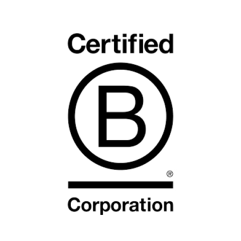 Schwarz-weißes Logo einer zertifizierten B Corporation. Es zeigt ein großes „B“ in einem Kreis mit den Worten „Certified“ darüber und „Corporation“ darunter.