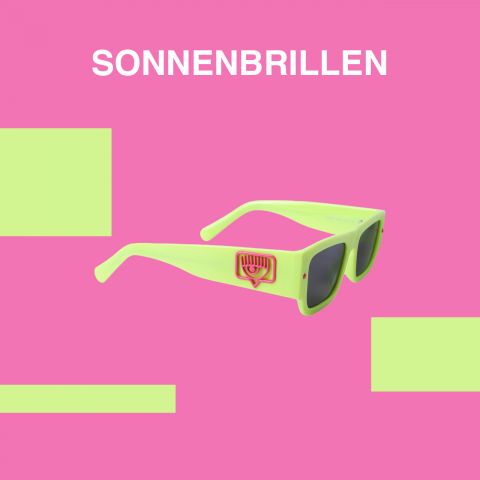 Leuchtend neongelbe Sonnenbrille auf pinkem Untergrund mit grünen Akzenten. Darüber steht in weißer Schrift das Wort „SONNENBRILLEN“.