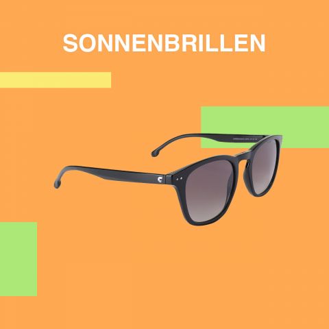 Auf orangefarbenem Hintergrund mit grünen Akzenten ist eine schwarze Sonnenbrille mit dunklen Gläsern abgebildet. Oben steht in Weiß der Text „SONNENBRILLEN“.